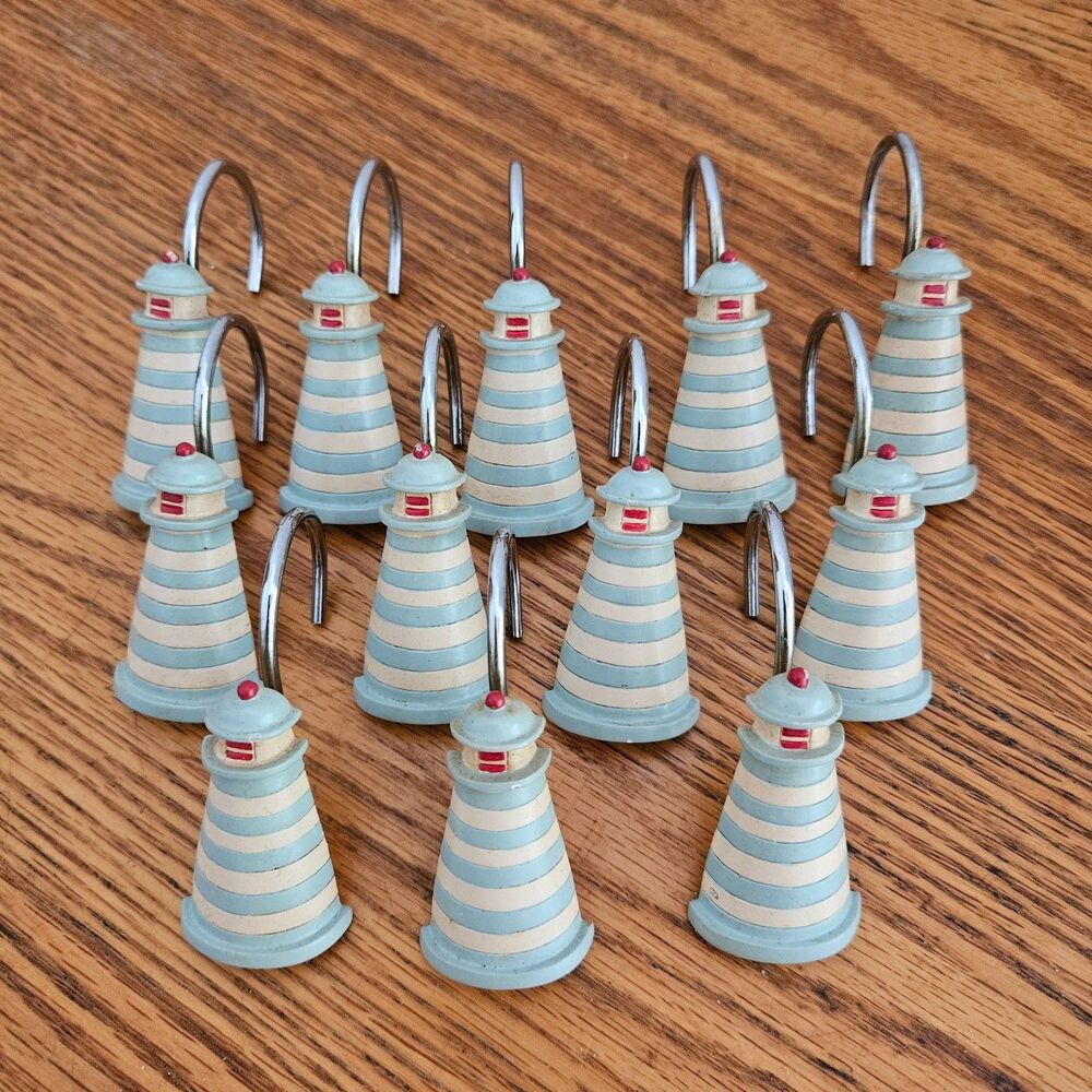Coastal Lighthouse Shower Curtain Hooks Set of 12 Blue White Nautical Decor